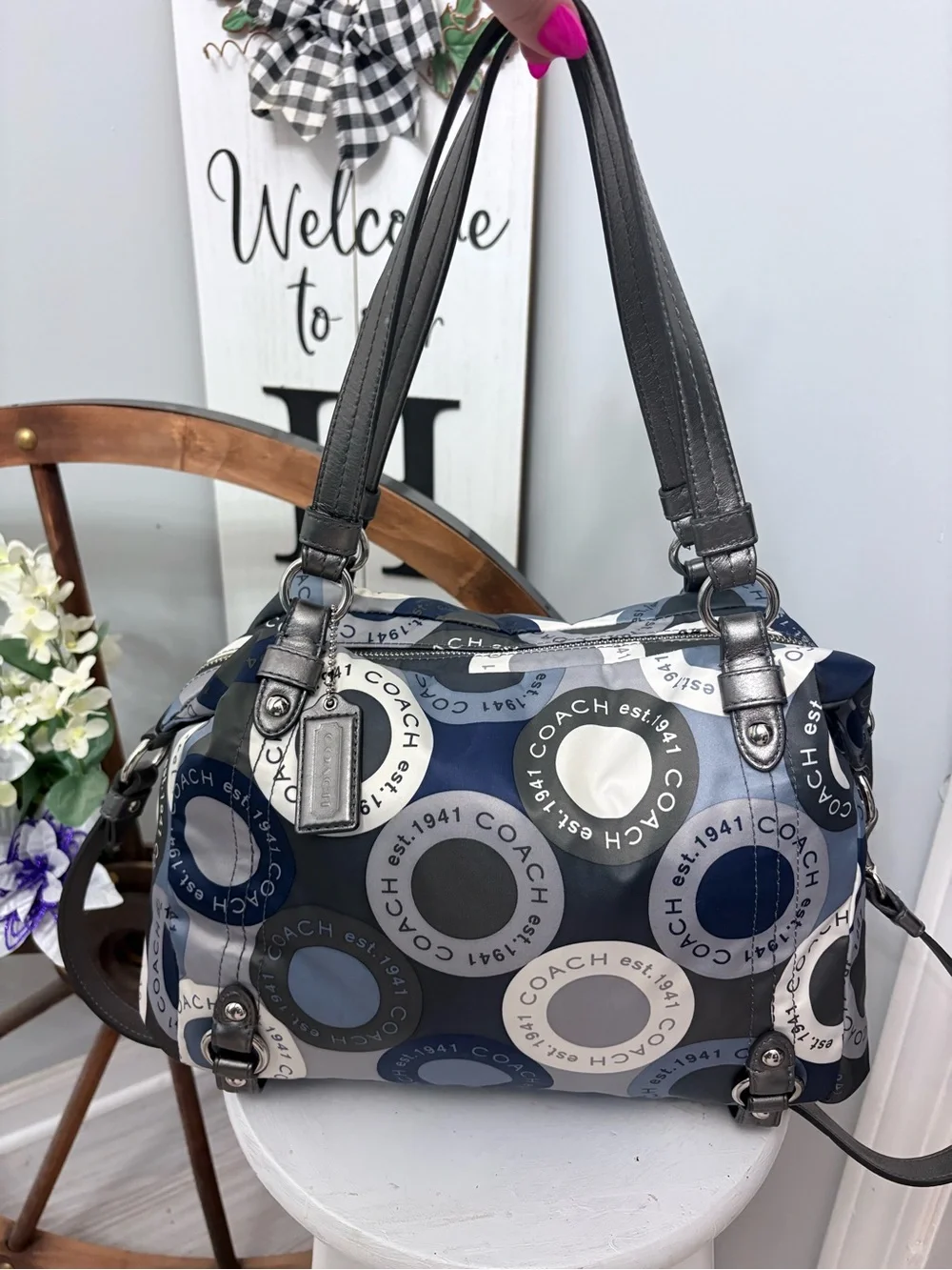 Coach Alexander Bag Navy, Gray and Silver Circle Sateen Print Satchel 💙🤍